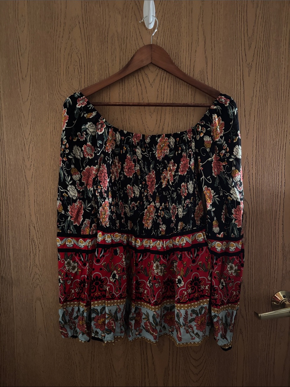 SHEIN Black Floral Off-Shoulder Blouse with Red Border